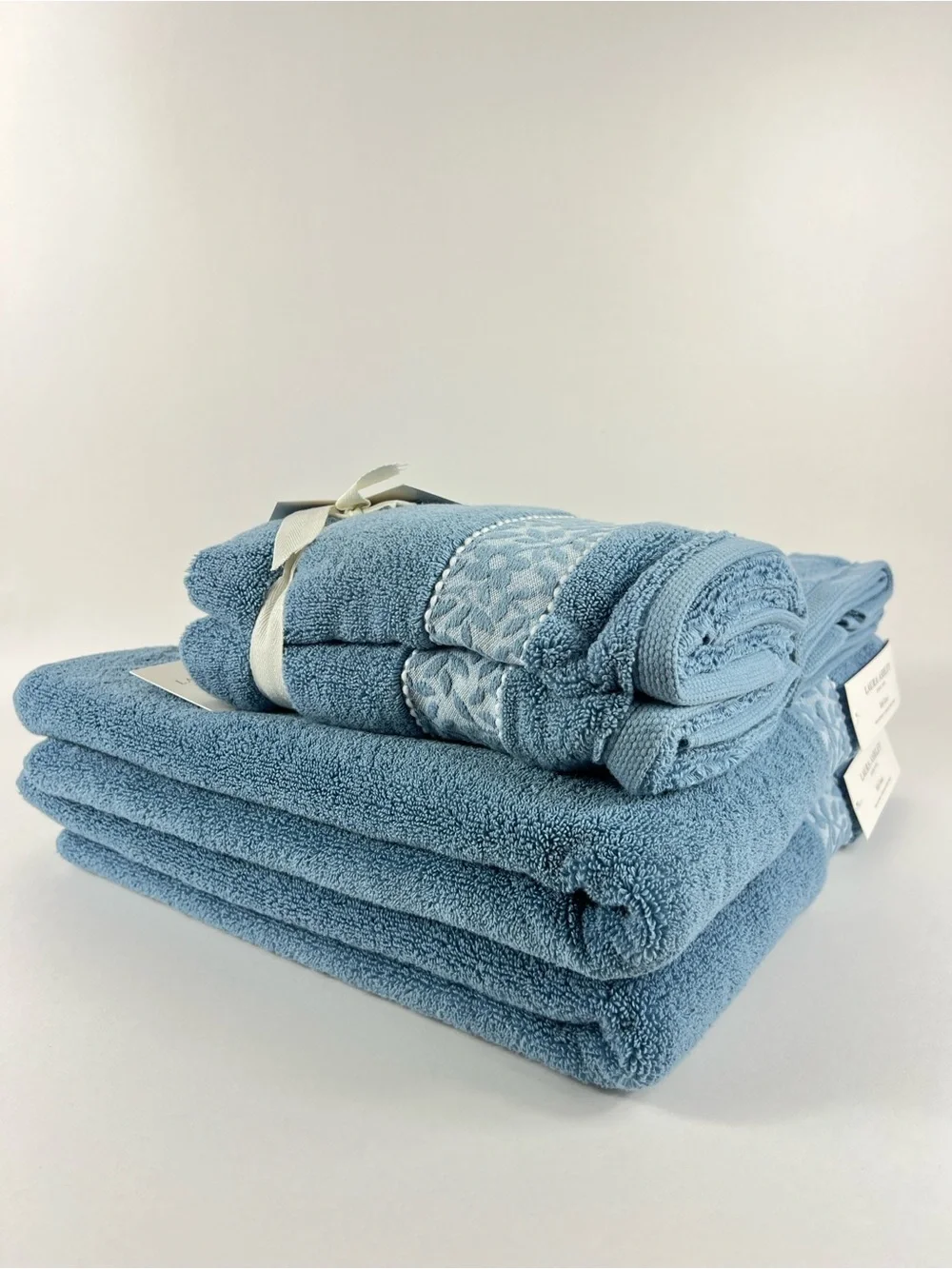 Laura Ashley Bath Towel Set MILLIE Blue with Leaf Trim 100% Cotton 6 Pc NEW
